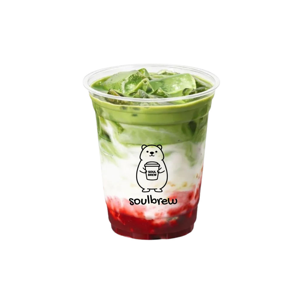 Strawberry Matcha, layered strawberry, milk and ceremonial matcha